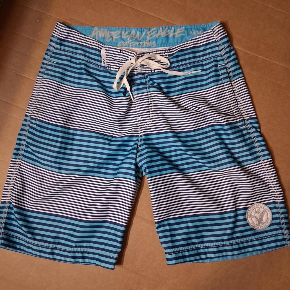 Mens blue and‎ white striped board shorts unlined with pockets American Eagle